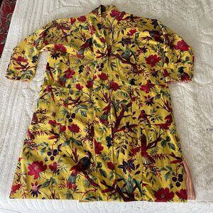 OFMD Yellow Bird Velvet Banyan Fabric Kimono Cotton Velvet Robe Long Jacket